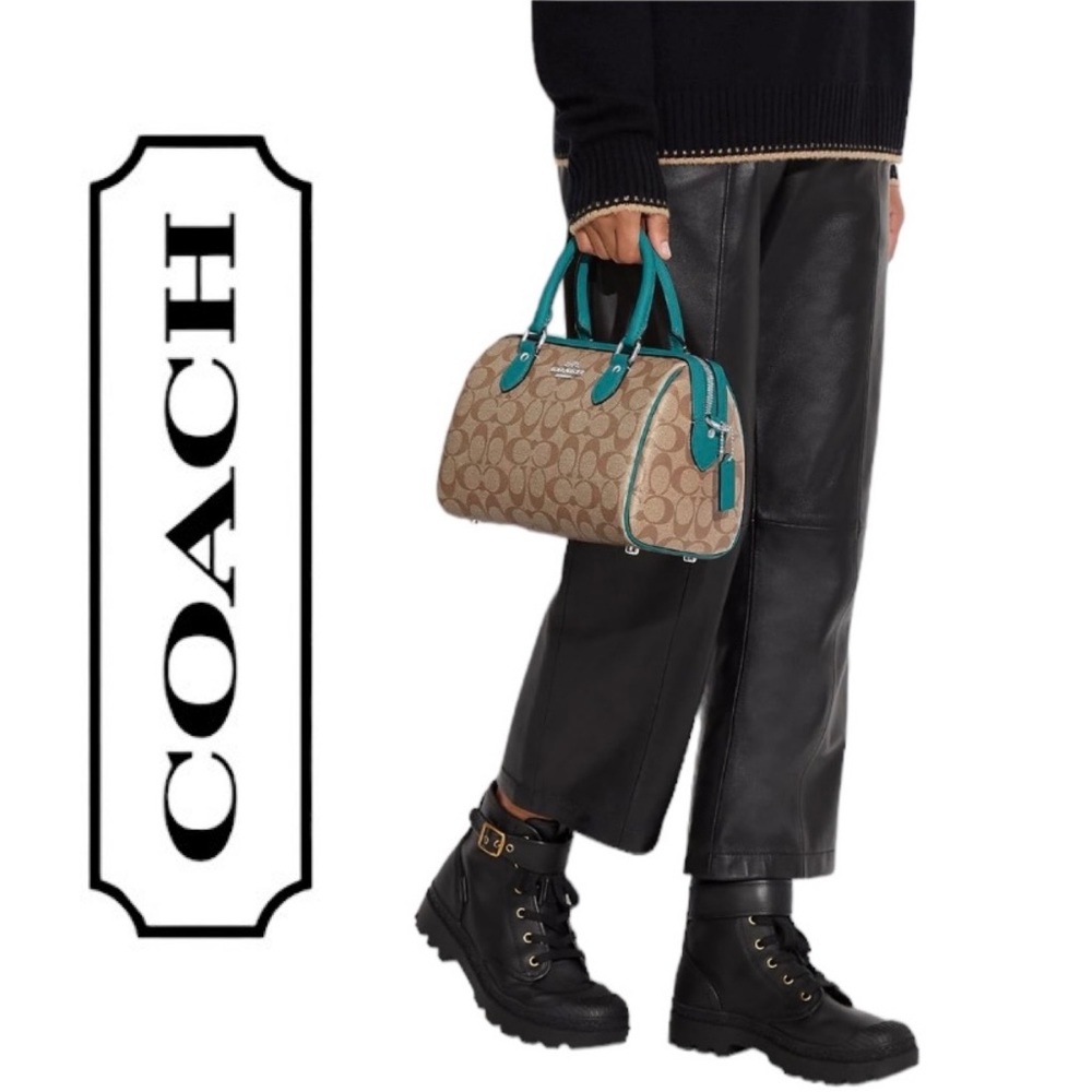 🆕 COACH Rowan Satchel Bag, Khaki/Teal - Picture 5 of 8